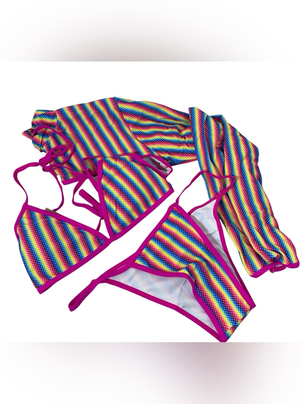 Women’s Rainbow Stripe Triangle Bikini Set with Cover-Up